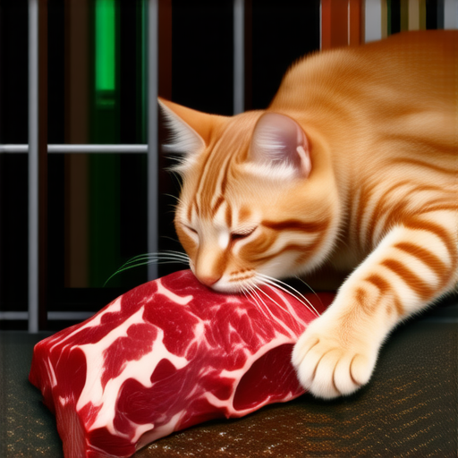 Рыжий кот ворует мясо у бенгальского тигра в мексиканском зоопарке