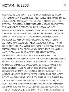Воздушное пространство над Эль-Пасо закрыто на 10 дней