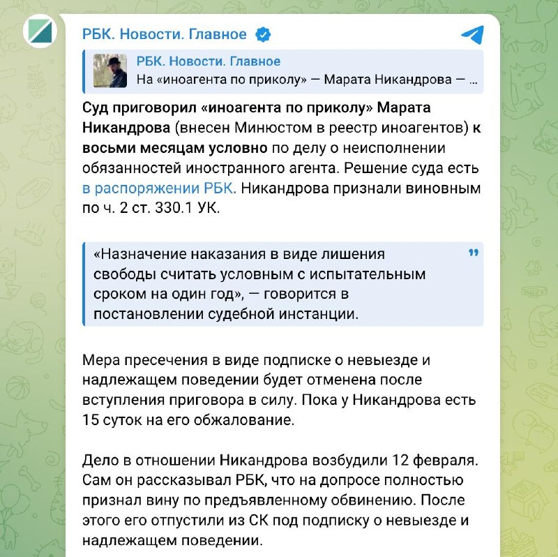 Суд приговорил «иноагента по приколу» к условному сроку