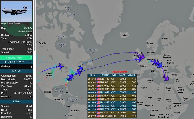 Транзит американских транспортных самолетов C-17A и C-5M на Ближний Восток
