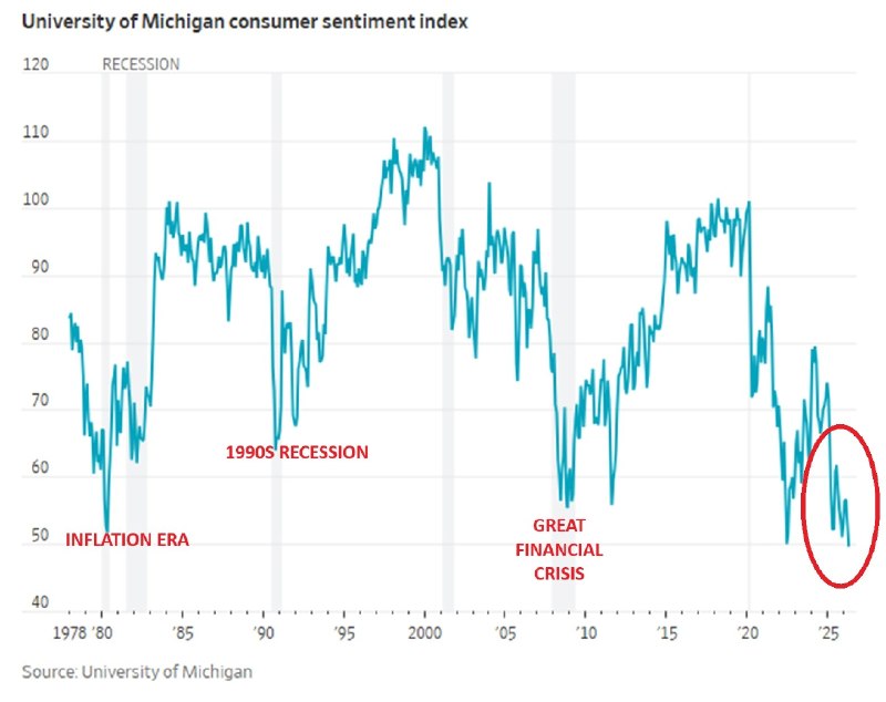 Индекс потребительских настроений в США упал до исторического минимума