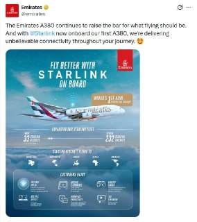 Emirates внедряет Starlink на рейсовые Airbus A380