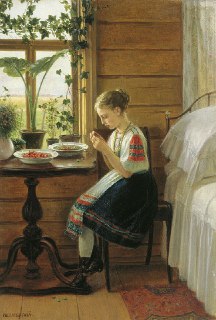 Картина Николая Быковского «На даче. Девочка за чисткой ягод»