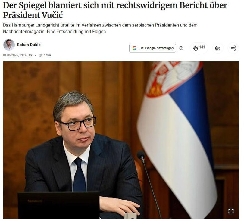 Суд в Германии запретил Der Spiegel публиковать фейки об участии Вучича в организации «человеческих сафари»