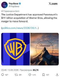 Минюст США одобрил слияние Paramount и Warner Bros. на $111 млрд