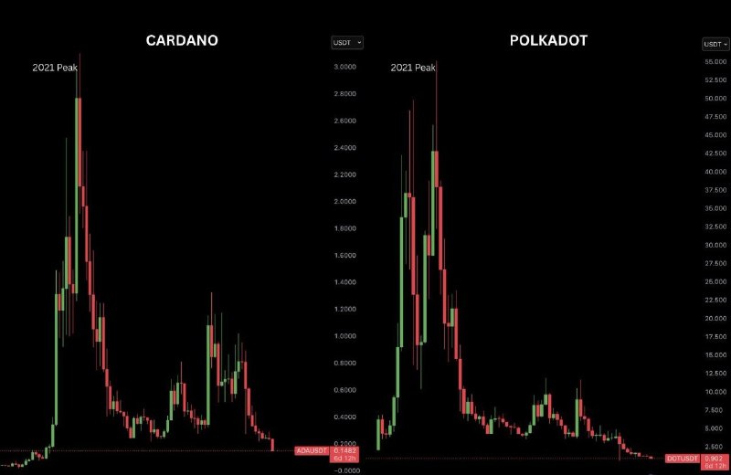 Падение рыночной капитализации Cardano и Polkadot относительно максимумов 2021 года