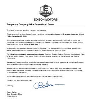 Завод Edison Motors в Канаде закрывается на два дня из-за выхода GTA VI