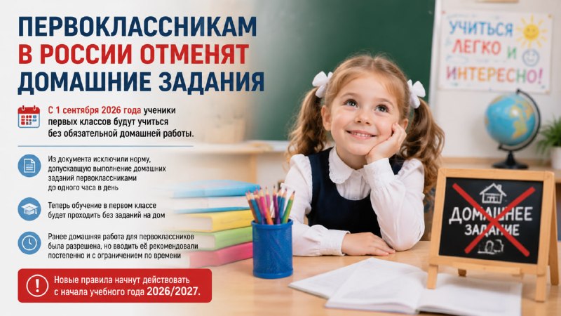 В России отменят домашние задания для первоклассников с 1 сентября 2026 года
