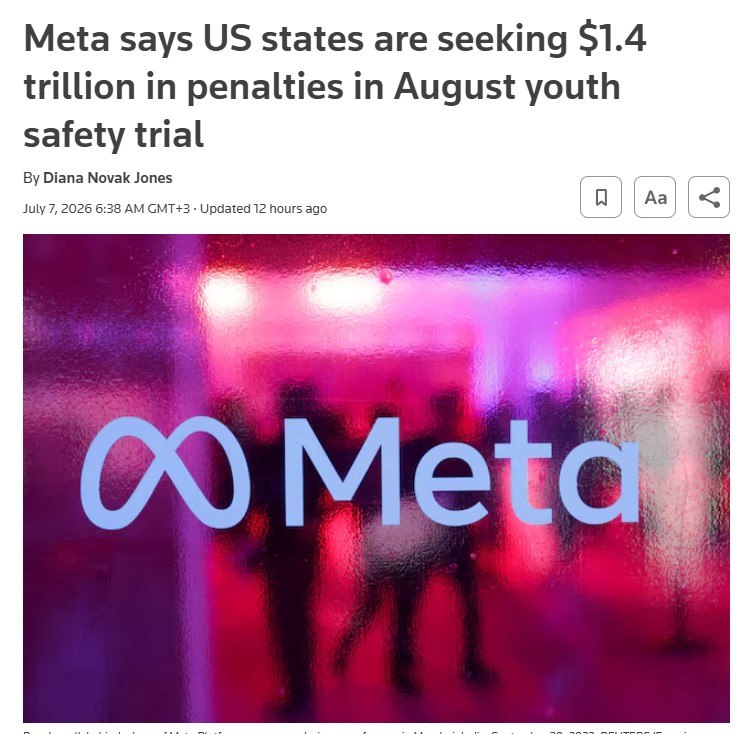 Meta грозит штраф в размере $1,4 трлн из-за алгоритмов, вызывающих у детей зависимость от соцсетей