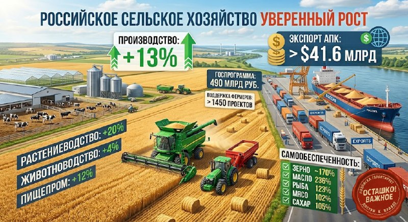 Россия отчиталась о росте производства сельхозпродукции на 13% и экспорте АПК на $41 млрд