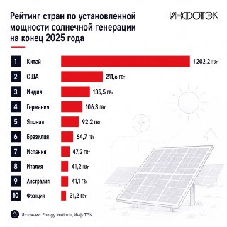 Солнечная электрогенерация выросла на 30% в 2025 году: топ-10 стран по установленным мощностям